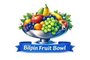 Illustrated fruit bowl overflowing with apples, grapes, bananas, with a blue Bilpin Fruit Bowl banner.