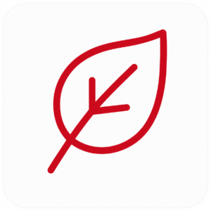Red abstract leaf icon with a curved outline and central vein, on a white background, conveys eco-friendly branding