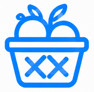 Blue outline basket with two rounded shapes inside and two leaves, a simple decorative icon.